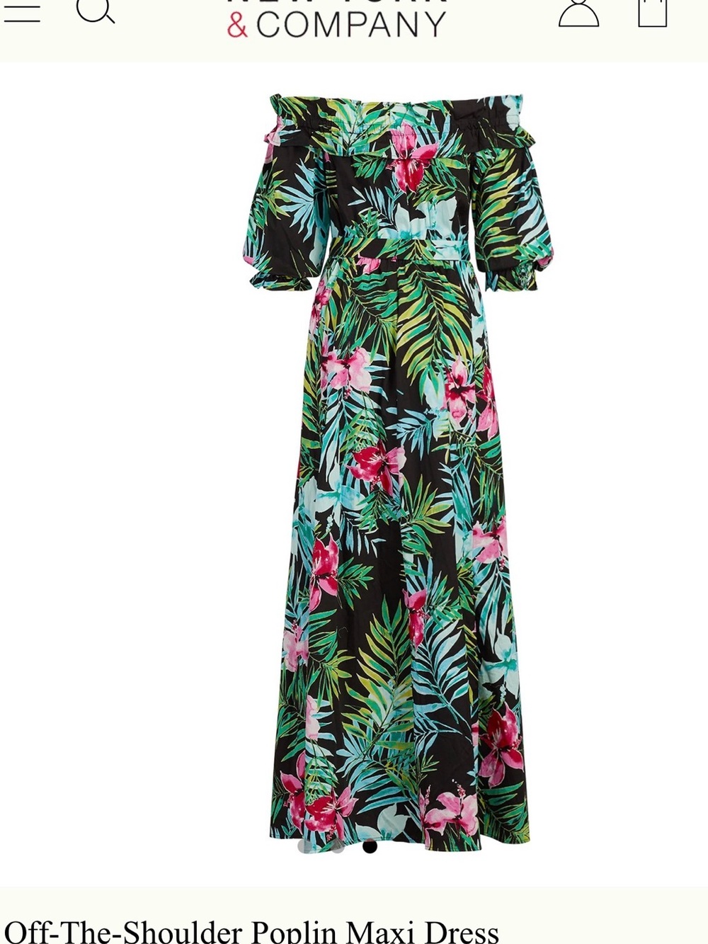 Off-the-Shoulder Tropical Maxi Dress - Black with Green & Pink Floral